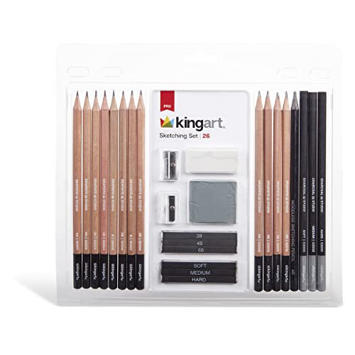 KINGART Pro Artist Sketching and Drawing Pencil Kit, Pencils, Charcoal & Graphite Sticks, Erasers, Sharpeners, All Skill Levels, 26 pc. KINGART