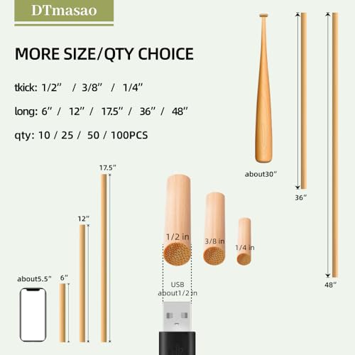 Dtmasao 10 PCS Dowel Rods Wood Sticks Wooden Dowel Rods - 1/2 x 36 Inch Unfinished Bamboo Sticks - for Crafts and DIYers DTmasao