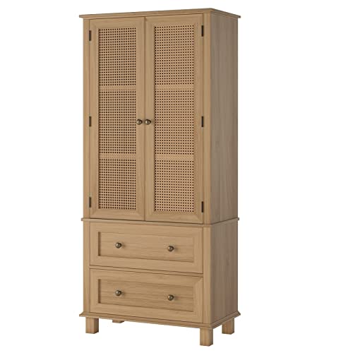 FOTOSOK Kitchen Pantry Storage Cabinet, Tall Cabinet with Rattan Doors and 2 Drawers, Freestanding Cupboard with Adjustable Shelves, Utility Pantry FOTOSOK