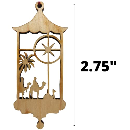 Brown Unfinished Wooden Lantern Holiday Ornament with Red String, Wood Three Wise Men Christmas Story Scene, Religious Ornaments for Tree or Gifts, Needzo