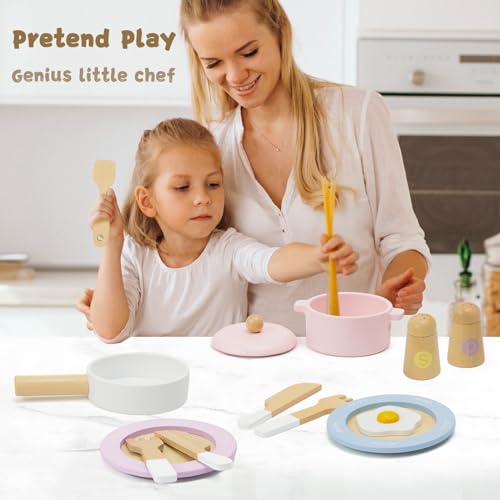 Frogprin 30 PCS Wooden Toy Plates and Dishes for Kids, Play Kitchen Accessories Set, Pretend Play Food Sets for Children Kitchen, Montessori Toys for Frogprin
