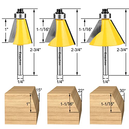 Exqutoo 3 Piece Chamfer Router Bit Set Kit, 1/4" Shank, 15, 22.5, 30 Degree Cutting Angle, 1" Cutting Length Exqutoo