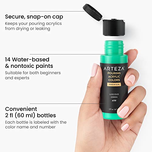 Arteza Acrylic Pouring Paint Kit, 14 Glossy Colors — 8 Pastel & Bright, 3 Iridescent, 3 Metallic, 2 x Stretched Canvas, 2 Wooden Slices, Glitter, and ARTEZA