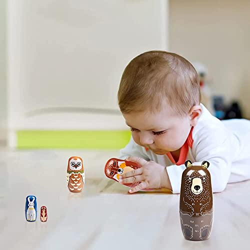 Nesting Dolls Russian Matryoshka Dolls for Kids Wood Stacking Nested Set 5 Pieces Handmade Toys for Children Christmas Birthday Decoration Halloween Zoymiu