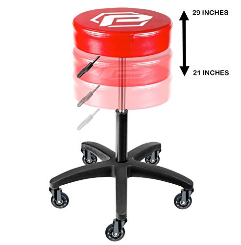 Powerbuilt Rolling Shop Stool with Adjustable Height, Mechanic Detailer Garage Seat with Padding - 240250, Red Powerbuilt