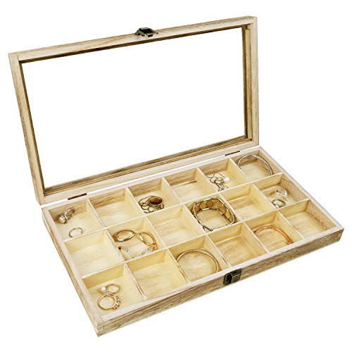 MOOCA Wooden Display Storage Case with Tempered Glass Lid for Jewelry and Beads with 18 Compartments Tray, 15 W x 8 3/8 L x 2 1/8 H in, Oak Color MOOCA