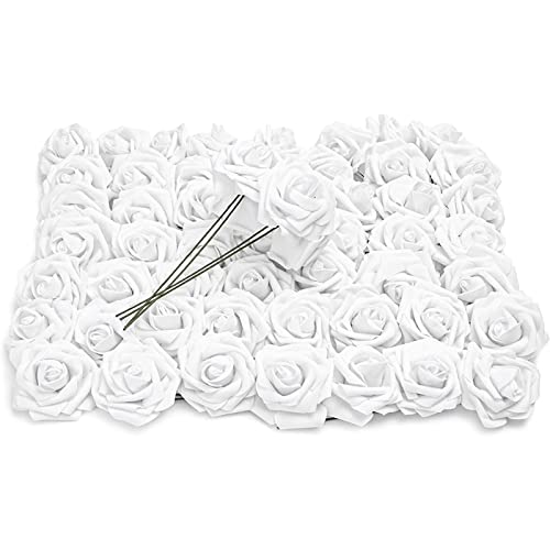 Bright Creations 3" Artificial Rose Flowers 60pcs Real Looking Fake Rose with Stem for DIY Wedding Bouquets and Bridal Shower, White Bright Creations