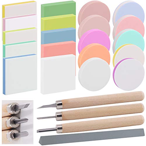 Rustark 22 Pcs Mixed Rubber Stamp Carving Blocks Set with Carving Knives and Whetstone, Carve Block Printing Carving Block Kit for Printmaking, Rustark