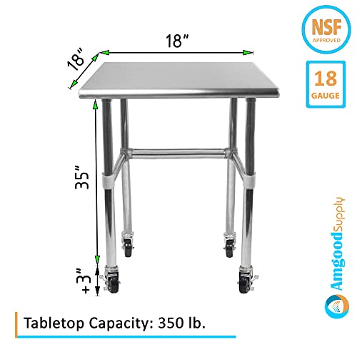 AmGood Stainless Steel Work Table Open Base & Wheels | Work Station | Metal Work Bench (Stainless Steel Work Table Open Base + Casters, 18" Long x AmGood
