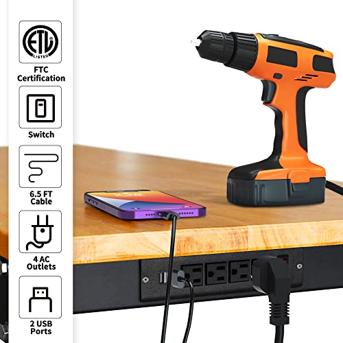 59" Bamboo Wood Garage Workbench w/Power Outlets & Drawer,Adjustable Height 25.4"-35.2",Multifunctional Workstation on Wheels 2000 Lbs Commercial RELIANCER