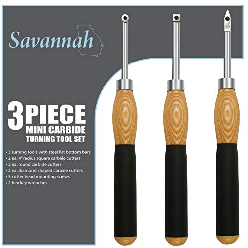 Savannah 3 Piece Carbide Mini Turning Tool Set with Flush Fit Comfort Grip Hardwood Handles | Steel Riveted Ferrules and 2 ea Round 2 ea 4 inch Savannah