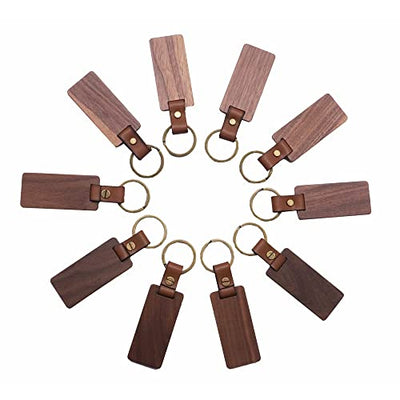 POVOKICI 10 Pack Blank Wood Keychain, Rectangle Walnut Keychains with Leather Strap, Personalized Key Tags for DIY Car Ornament Gift, Key Ring Gift