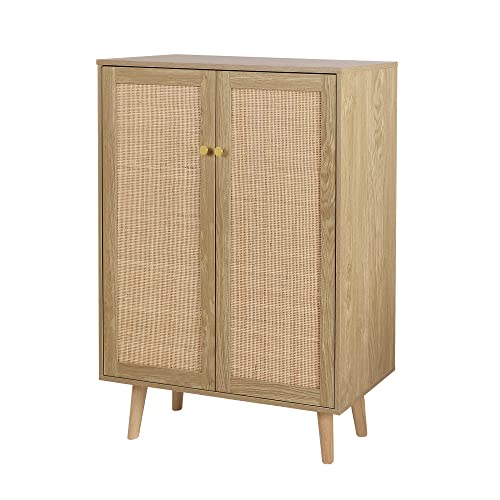 Anmytek Rattan Cabinet, 44" H Tall Sideboard Storage Cabinet with Crafted Rattan Front, Entryway Shoe Cabinet Wood 2 Door Accent Cabinet with Anmytek
