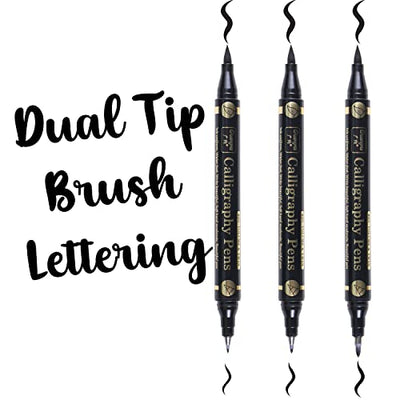 Sunshilor Dual Brush Calligraphy Pens Black Hand Lettering Pens for Beginners Writing, Art Drawing, Sketching, Illustration, Scrapbooking,