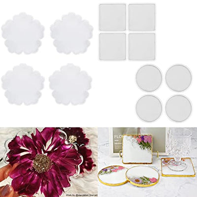 RESINWORLD 8 Pack Thick 4 inches Resin Coaster Molds Set + 4 Pack Flower Coaster Molds