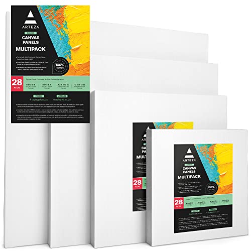 ARTEZA Canvases for Painting, Multipack of 28, 6 x 6, 8 x 8, 10 x 10, 12 x 12 Inches, Square Canvas Boards, 100% Cotton, 8 oz Gesso-Primed, Art ARTEZA