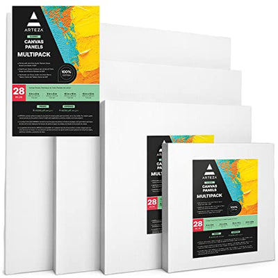 ARTEZA Canvases for Painting, Multipack of 28, 6 x 6, 8 x 8, 10 x 10, 12 x 12 Inches, Square Canvas Boards, 100% Cotton, 8 oz Gesso-Primed, Art