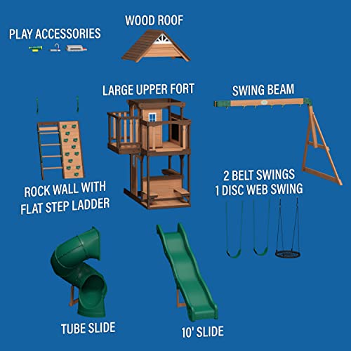 Backyard Discovery, Cedar Cove Wood Swing Set, Playground Fort, Chalkboard, Telescope, Dual Slide, Kitchenette, Wide Swing Lanes, 5ft Rock Wall, Step Backyard Discovery