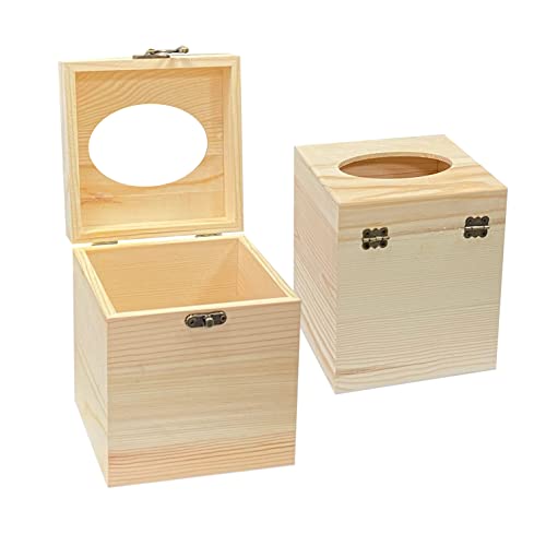 2 Pack Unfinished Wooden Tissue Box Cover for Crafts Oval Opening Solid Square Wood Tissue Holder for Home Decor (5.1x5.1x6 in) Cregugua