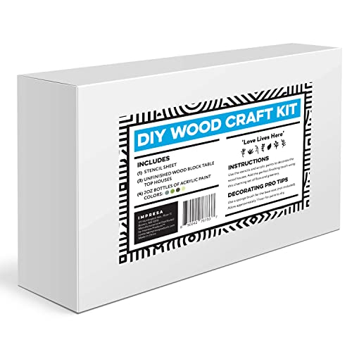 DIY Wood Table Top House Painting Kit w/ Stencil for Flowers & More - DIY House Kit for Adults & Kids - Unfinished Wood Crafts w/ Acrylic Paint - IMPRESA