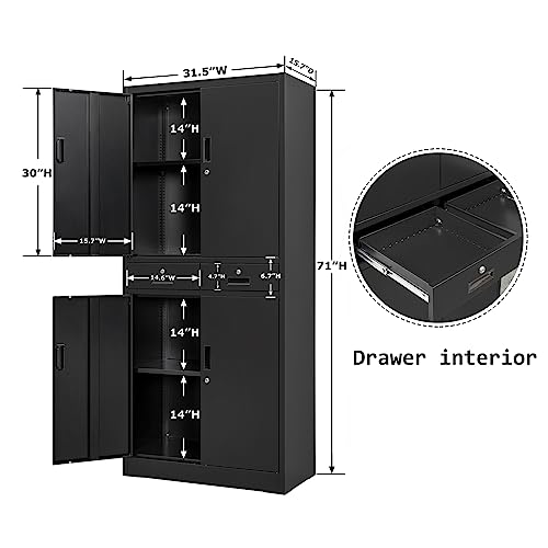 BESFUR Metal Storage Cabinet, Locking Storage Cabinet with Drawers and Adjustable Shelves for Garage, Office, Classroom- Black BESFUR