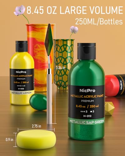 Nicpro Metallic Acrylic Paint Set (8.45 oz, 250 ml), 20 Colors Large Acrylic Paint Bulk, Non Toxic Art Painting Supplies for Multi Surface Canvas Nicpro