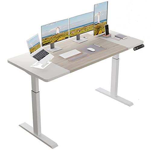 BUNOEM Height Adjustable Electric Standing Desk, 63x30 Height Stand Up Computer Desk,Sit and Stand Home Office Desk with Splice Board (White+Oak Top, BUNOEM