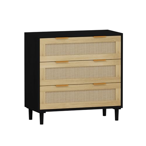 Fulvari 3 Drawer Rattan Dresser for Bedroom,Wood Storage Chest of Drawers,Rattan Storage Cabinet, Wide Closet Dresser Storage Organizer for Bedroom Fulvari