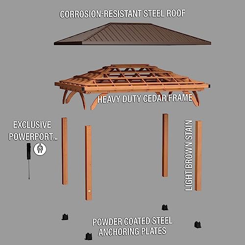 Backyard Discovery Barrington 14 ft. x 10 ft. Hip Roof Cedar Wooden Gazebo Pavilion, Shade, Rain, Hard Top Steel Metal Roof, All Weather Protected, Backyard Discovery