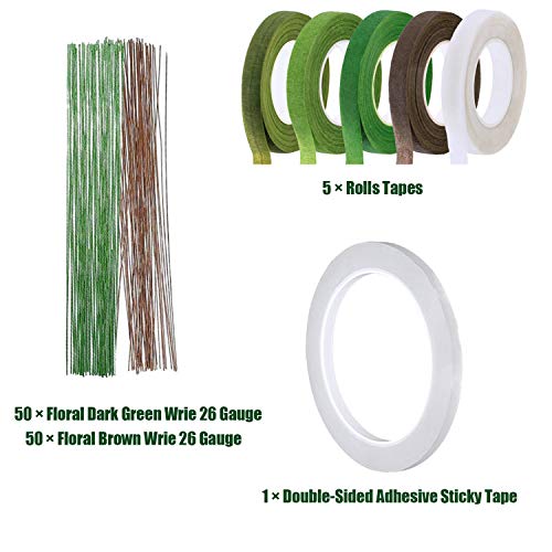 Woohome 9 PCS Floral Arrangement Tool Kit, 5 PCS Floral Tape Stem Wrap, 26 Gauge Floral Stem Wire, Double-Sided Tape and 120 PCS Ball Head Pins for Woohome