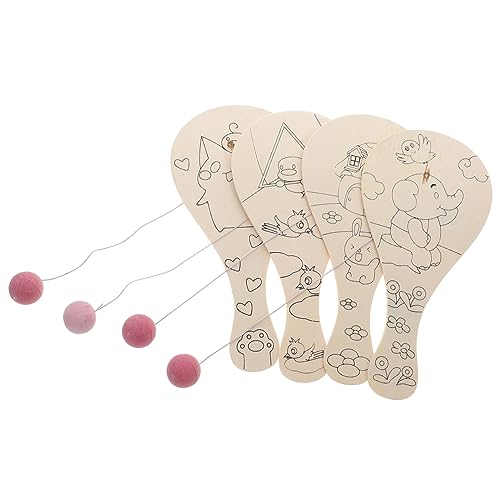 Toyvian 4pcs Graffiti Blank Racket Wooden Paddle Ball Toy Paddle Paint Toy Paddle Draw Toy Unfinished Wood Racket Classic Paddleball Wooden Catch Toyvian