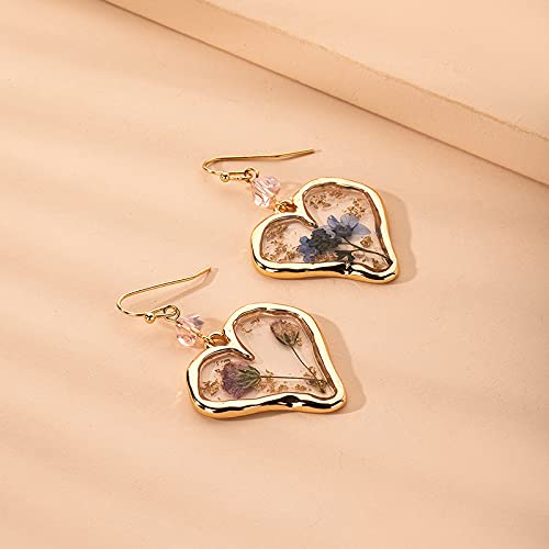 Pressed Flower Love Heart Dangle Earrings Daisy Dandelion Dry Flowers Setting Inside Resin Golden Fashion Earrings for Women Girls-Heart Shape Yocoyee