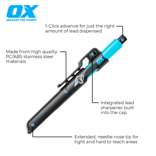 OX Tools Pro Tuff Carbon Marking Pencil Mechanical Construction Pencil Value Pack 4 Leads Included & Pencil Holder with Sharpener Belt Clip OX Tools