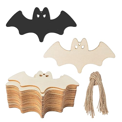 Unfinished Flying Bats Wood Bats Shaped DIY Wood Halloween Blank Wood with Twines Art Unfinished Ornaments for Halloween Christmas Wedding Birthday Zontween