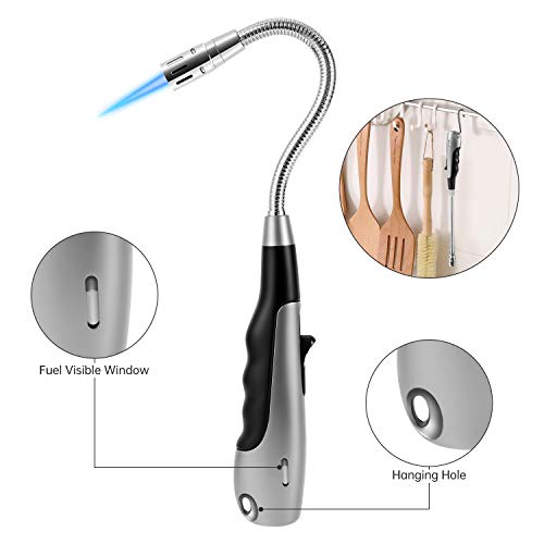 Butane Lighter Torch Long Lighter Jet Flame Windproof Lighter with Visual Fuel Window for Fireplace Kitchen Grill BBQ Camping, Black (No Butane V 1985.5.10