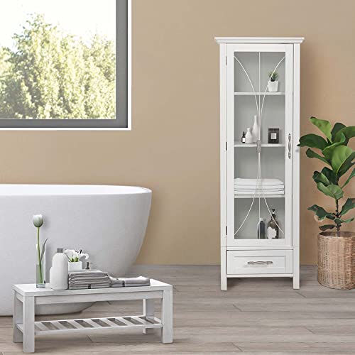 Teamson Home Delaney Tall Narrow Linen Tower with Glass Door, 3 Adjustable Shelves & Drawer - White Teamson Home