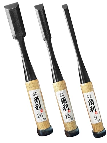 KAKURI Japanese Wood Chisel Set 3 Piece for Woodworking, Made in JAPAN, Japanese Oire Nomi for Carve, Mortise, Dovetail, Sharp Japanese Carbon Steel