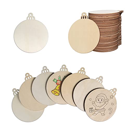 Guzon 50PCS Natural Round Wood Discs with Holes, DIY Wooden Ornaments 3" Unfinished Predrilled Wood for Christmas Crafts Centerpieces Holiday Disco Guzon