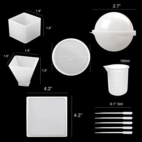 Silicone Resin Molds 5Pcs Resin Casting Molds Including Sphere, Cube, Pyramid, Square, Round with 1 Measuring Cup & 5 Plastic Transfer Pipettes for Repinsta