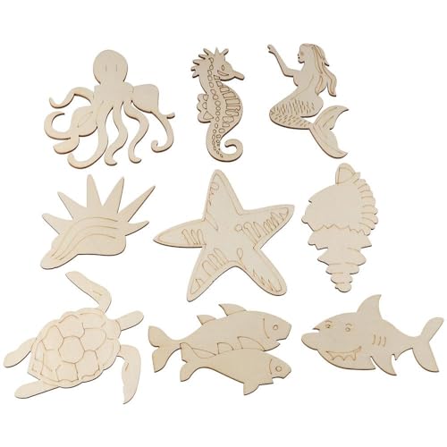 Uniquer 30Pcs Ocean Animal Unfinished Wood DIY Crafts,Sea Animal Unpainted Wood Slices,Octopus Whale Dolphin Seahorse Fish Wooden Painting for Uniquer