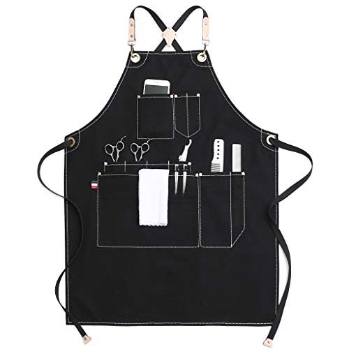 Jeanerlor Work Apron Waxed Canvas Stylist Apron with Pockets Water-Resistant Tool Aprons for Women Cross Back Straps Adjustable S-M(Black) Jeanerlor