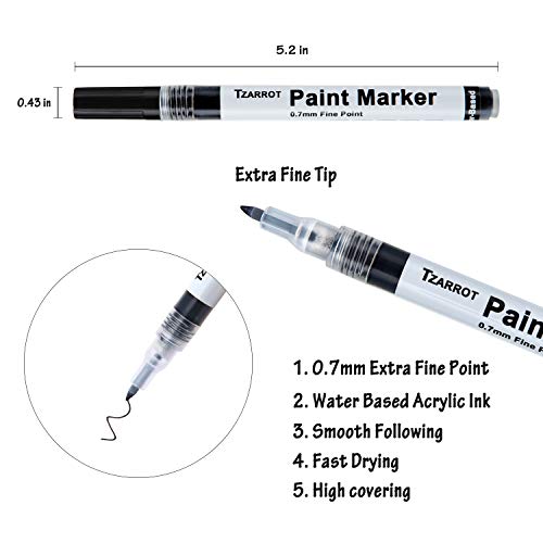 White Paint Pen, 8 Pack 0.7mm Acrylic Paint Pens with 2 White 2 Black 2 Gold 2 Silver Paint Pen Permanent Marker for Wood Rock Fabric Metal Plastic TZARROT