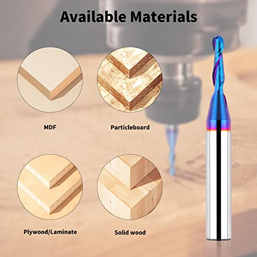 EANOSIC Carbide Ball Nose CNC Bit 1/4 Inch Shank, 1/8" Cutting Diameter End Mill Bits Spiral Router Bits Wood Milling Tool with Nano Blue Coating for EANOSIC