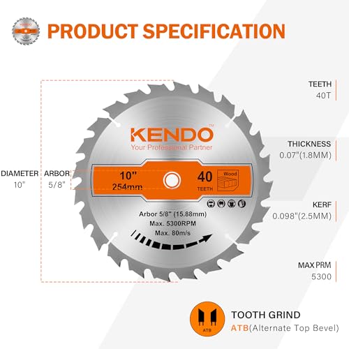 KENDO 1-Pack 10 Inch 40T Carbide-Tipped Circular Saw Blade with 5/8 Inch Arbor, Professional ATB Finishing Woodworking Miter/Table Saw Blades for Kendo