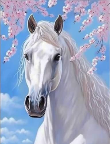 Kaliosy 5D Diamond Painting White Horse by Number Kits, Paint with Diamonds Art Flower DIY Full Drill, Crystal Craft Cross Stitch Embroidery Kaliosy