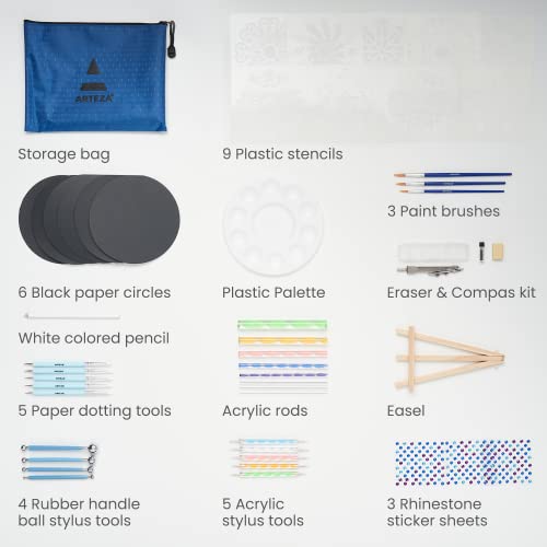 Arteza Mandala Dotting Tools, 49 Pieces — 9 Stencils, 6 Black Paper Circles, 3 Paintbrushes, 3 Rhinestone Sticker Sheets, 1 Easel, Art Supplies to ARTEZA