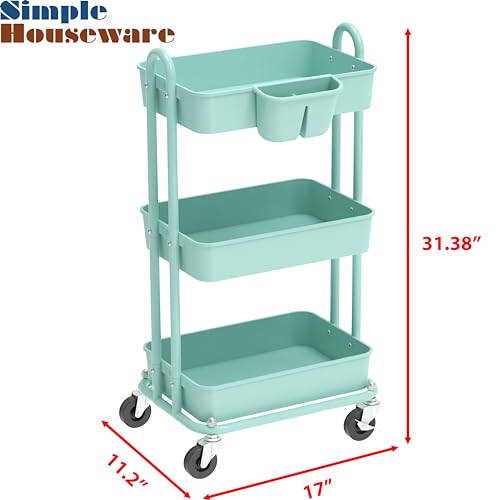 Simple Houseware 3-Tier Multifunctional Rolling Utility Cart with 2 dividers and Hanging Bucket, Turquoise Simple Houseware