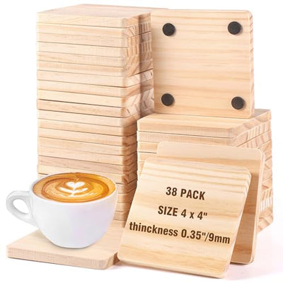 38 Pack Unfinished Wood Coasters, 4 Inch Square Blank Wooden Coasters Crafts Coasters with Non-Slip Silicon Dots for DIY Architectural Models Drawing