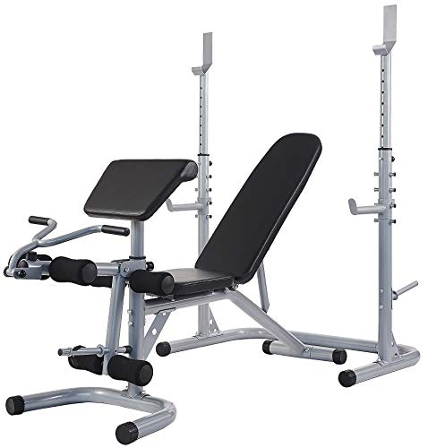 BalanceFrom RS 60 Multifunctional Workout Station Adjustable Olympic Workout Bench with Squat Rack Leg Extension Preacher Curl and Weight Storage WoodArtSupply