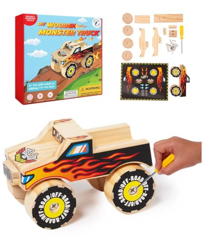 DIY Wooden Monster Truck w/ Stickers - Kids Building Kit - Stem Building Toys - Wood Crafts for Kids - Building Kits for Kids - Woodworking Kits for Little Jupiter